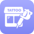 Icon of a tattoo studio with a tattoo machine on a purple background.