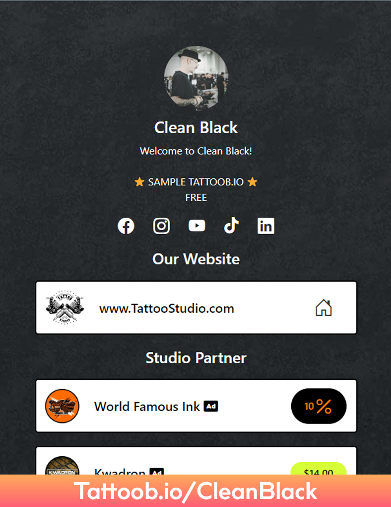 Profile page for Clean Black, a tattoo artist, showcasing social media links, website, and studio partners.