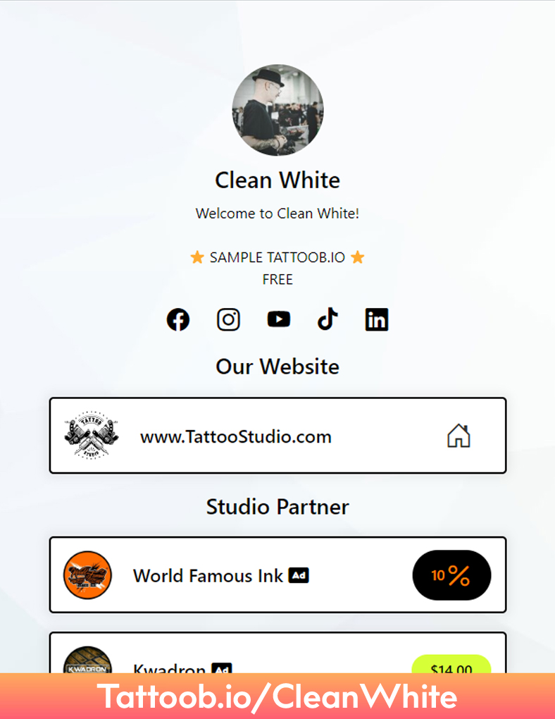 Profile page for Clean White, a tattoo artist, showcasing social media links, website, and studio partners on a light background.