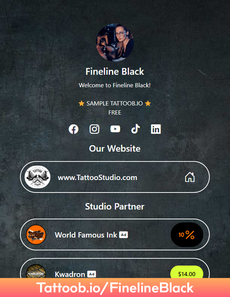 Profile page for Fineline Black, a tattoo artist, showcasing social media links, website, and studio partners on a dark, textured background.