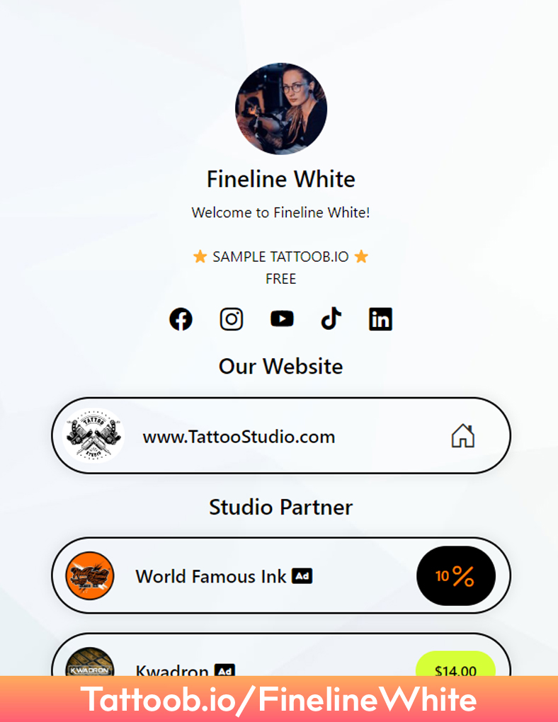 Profile page for Fineline White, a tattoo artist, showcasing social media links, website, and studio partners on a light, clean background.