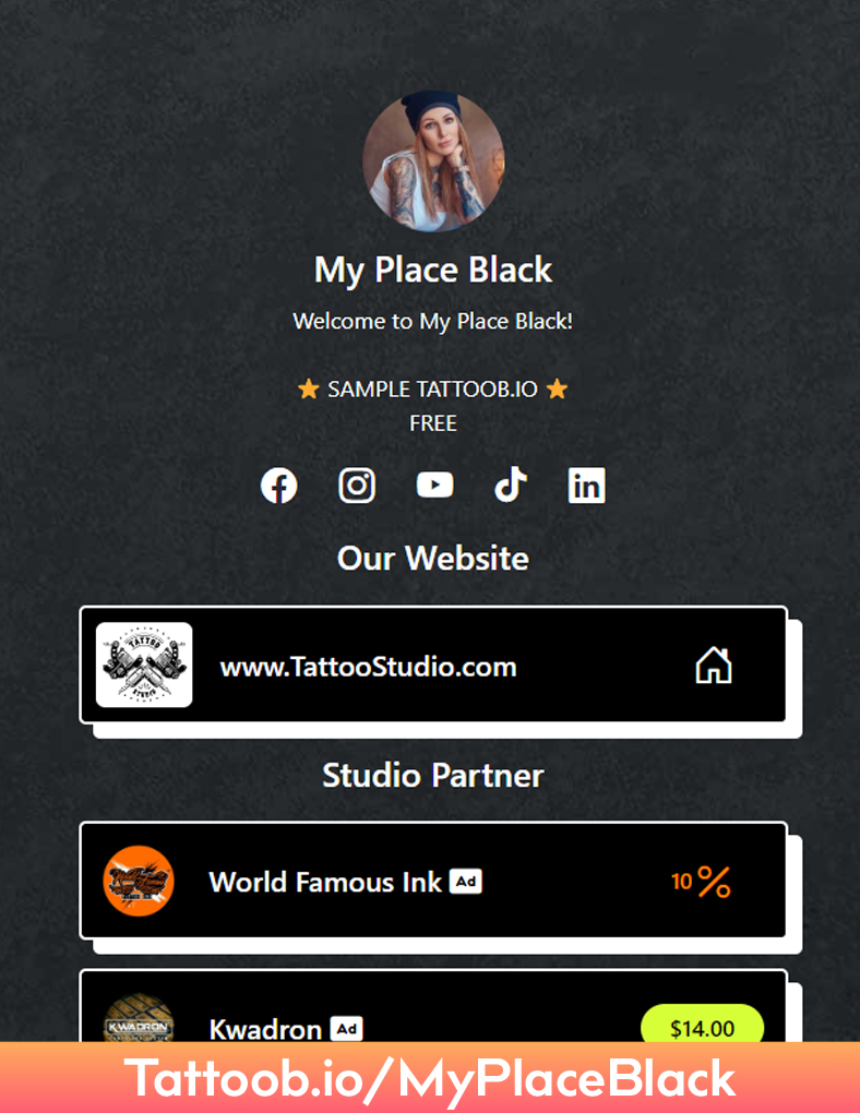 Profile page for My Place Black, a tattoo artist, showcasing social media links, website, and studio partners on a dark, textured background.