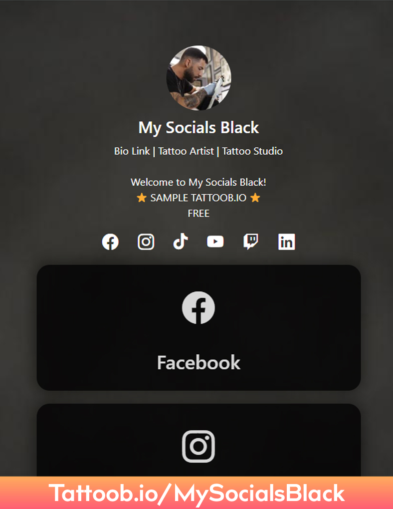 Profile page for My Socials Black, a tattoo artist, featuring social media links on a dark background.