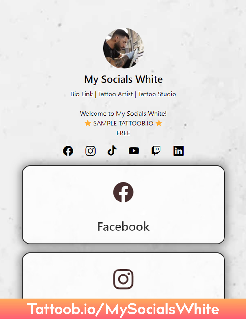 Profile page for My Socials White, a tattoo artist, featuring social media links on a light background.