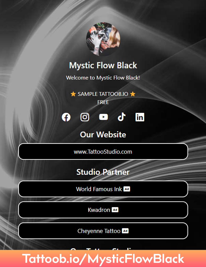 Profile page for Mystic Flow Black, a tattoo artist, showcasing social media links, website, and studio partners on a dark, mystic-themed background.