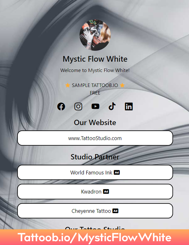 Profile page for Mystic Flow White, a tattoo artist, showcasing social media links, website, and studio partners on a light, mystic-themed background.