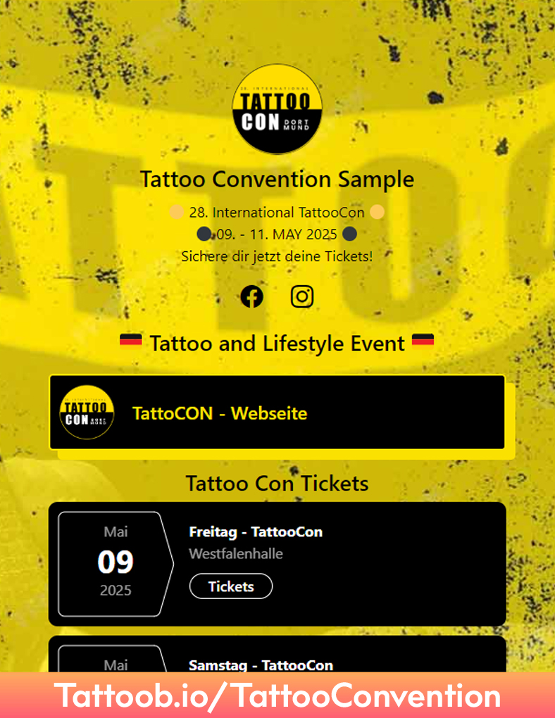 Tattoo convention event page sample with a yellow and black theme, including event details, website link, and ticket information.